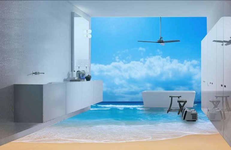  Пространство ванной комнаты расширилось за счет правильного подбора морского пейзажа на поверхность стен и пола