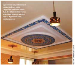 Одноуровневый лаковый натяжной потолок с художественной печатью. В натяжой потолок строена декоративная плита и установлены светильники